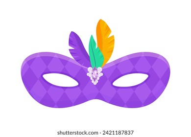 Carnival mask purple with feathers , masquerade, purim and mardi gras. On a white isolated background 