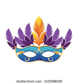 carnival mask with purple feathers over white background, flat design vector illustration