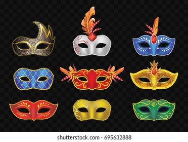 Carnival Mask - realistic modern vector set of different face vintage garment. Black background. High quality clip art for festival, party, fair presentation, banner, flyer, invitation.