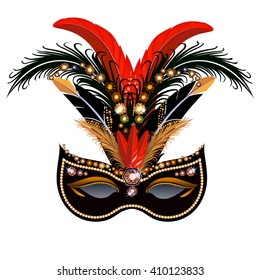 Carnival mask with red and black feathers isolated on white background.
