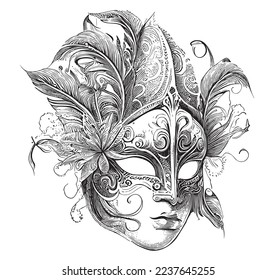 Carnival mask retro hand drawn sketch Vector illustration