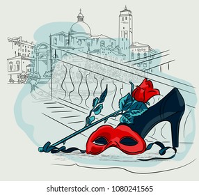 Carnival mask with a rose flower against the background of the Venice houses. Vector drawing freehand illustration.