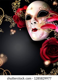 Carnival mask with roses and feathers on black background in 3d illustration