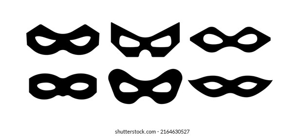 Carnival mask for scammer bandit or superhero vector icon set. Black masquerade costume eye mask silhouette hidden villain or burgar face. Simple design incognito masque shape clip art illustration.