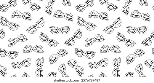 Carnival mask seamless pattern. Disguise black and white flat vector illustration ornament. Festival costume element. Design for background, textile, fabric, packaging.