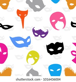 Carnival mask seamless pattern in flat style. For web, print, creative design. Vector illustration. 