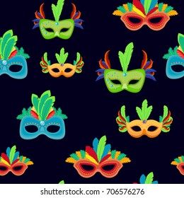 Carnival mask seamless pattern or Mardi Gras background template for greeting card. Traditional masquerade party festival mask decorated with beads and colorful feathers ornament. Vector illustration