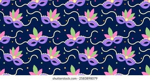 Carnival mask seamless vector pattern. Colorful masquerade mask pattern on dark blue background. Festive pattern with masks and confetti