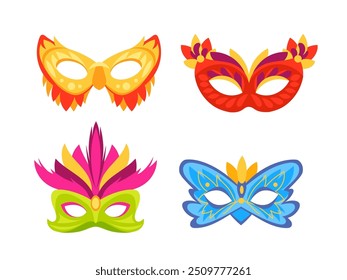 Carnival mask set. Masquerade colorful masks with feathers, flower