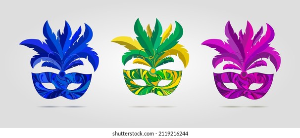 Carnival mask set with nice feathers. Vector illustration.