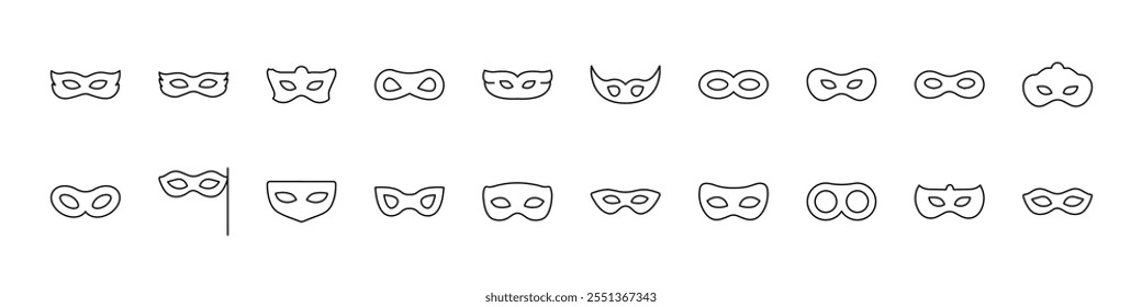 Carnival Mask Set of Thin Icons (em inglês). Traço editável. Adequado para sites, livros, cartões, aplicativos 