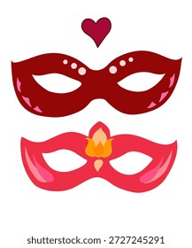 Máscara de carnaval conjunto de duas máscaras vermelhas. Romântico Dia dos Namorados celebração humor, amante secreto.