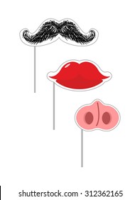 Carnival mask set. Vector illustration Fake lips. Nose of a pig on a stick. Mustache on a limb. Funny holiday accessories
