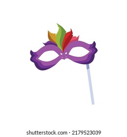 Carnival mask in shape of glasses on stick, flat vector illustration isolated on white background. Carnival or venetian masquerade party mask with feathers.