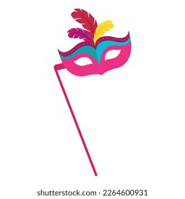 Carnival mask in shape of glasses on stick, flat vector illustration isolated on white background. Carnival or venetian masquerade party mask with feathers.