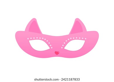 Carnival mask in the shape of a pink cat for carnival, masquerade, purim and mardi gras. On a white isolated background 