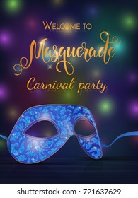 Carnival mask with shiny texture. Bokeh lights background. Invitation card template. Vector illustration EPS10.
