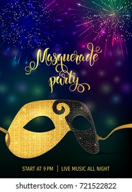 Carnival mask with shiny texture. Carnival hand drawn lettering. Invitation card template. Vector illustration EPS10.