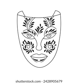 Carnival mask, sketch, line art. Illustration for coloring book, holiday decor element, vector