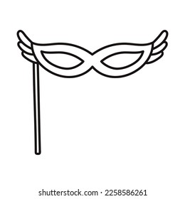 Carnival mask with stick. Fashion accessory with wings. Cartoon style. Design element. Hand drawn line art vector illustration isolated on white background.