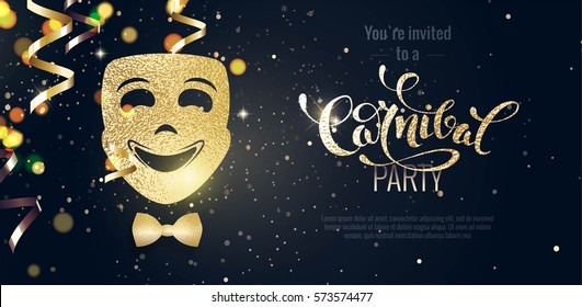 Carnival Mask, Streamers And Confetti For Festive Background. Party Background with lights and serpentine. Vector illustration