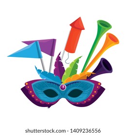 carnival mask with trumpets and fireworks