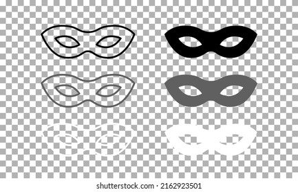 Carnival mask vector black line icons set. Mask illustration isolated sign symbol on transparent. Flat image for: infographic, logo, mobile, app, banner, web design, dev, ui, ux, gui. Vector EPS 10