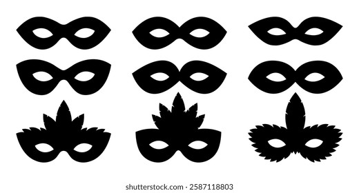 Carnival mask vector illustration. Black masquerade mask isolated on white background. Set of black mask for face different forms