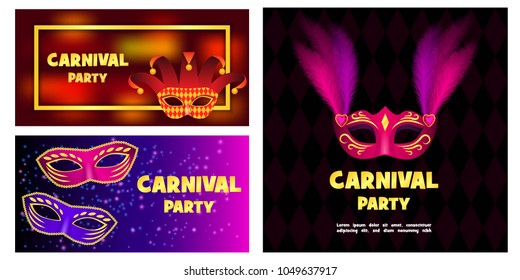 Carnival mask venetian banner concept set. Realistic illustration of 3 carnival mask venetian vector banner horizontal concepts for web