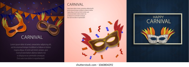 Carnival mask venetian banner concept set. Realistic illustration of 3 carnival mask venetian vector banner horizontal concepts for web