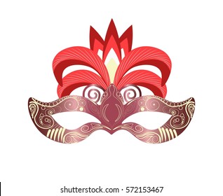 Carnival mask for Venetian masquerade or Mardi Gras festival or party. Vector illustration of isolated masque icon with hand made feather decorations, ornate laces and bead sequins