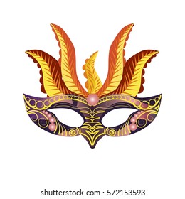 Carnival mask for Venetian masquerade or Mardi Gras festival or party. Vector illustration of isolated masque icon with hand made feather decorations, ornate laces and bead sequins