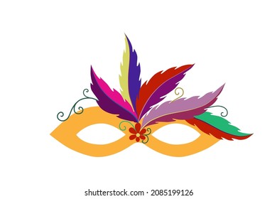 Carnival mask in Venice, Brazil. Vector isolated face decoration with feathers. Accessory for the celebration of a masquerade, costume party, ball. Bright design.