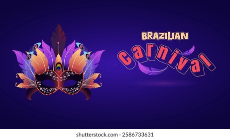 Carnival mask, vibrant feathers, and festive typography on a dark purple background. The ornate masquerade mask features peacock accents, symboliz Brazil’s lively culture. Ideal for Brazilian Carnival