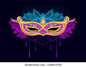 Carnival mask for woman`s face. Gold mask with colorful feathers. Prin for t shirt, invtation card. Festival of new year.