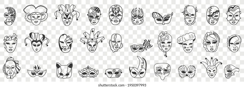 Carnival masks assortment doodle set