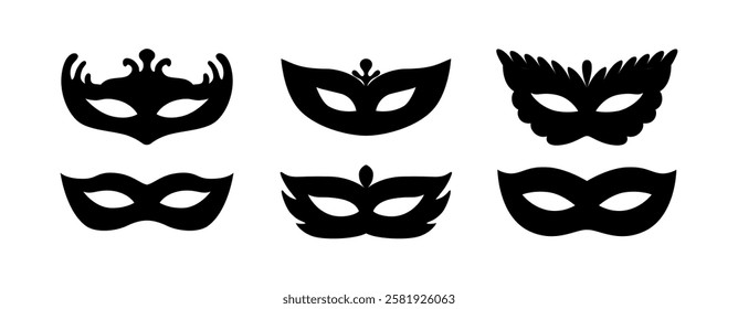 Carnival masks black silhouettes. Festival costume element. Masks shapes. Mardi Gras mask. Brazil carnival, Venice. Halloween. Masquerade. Vector icons, symbols.