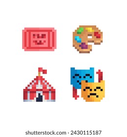 Carnival masks, circus, palette, ticket, pixel art icons set. Flat style. 8-bit. Design for logo, sticker, mobile app. Game assets. Isolated abstract vector illustration.