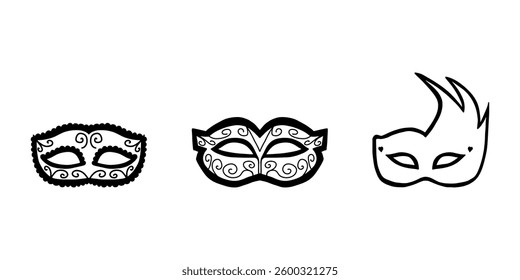 Carnival masks collection in doodle style. Masqeurade mask sketches for decorating festive invitations, banners, greeting cards.