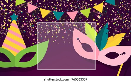 Carnival masks, confetti, garland, frame with space for text. graphic design elements for banners, flyers, parties, vector illustration. Celebration of Jewish Purim, New Orlean's Mardi Gras.