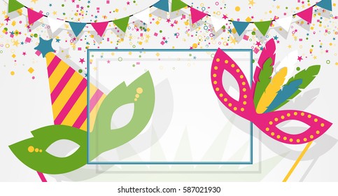 Carnival masks, confetti, garlands and empty frame with space for text. Festive celebration background, vector illustration.