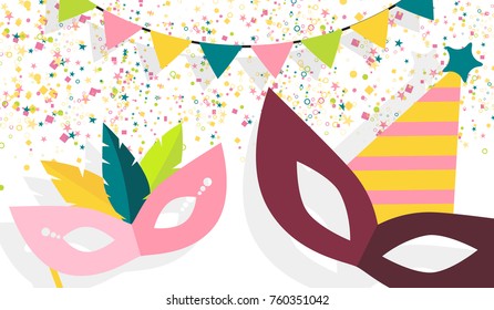 Carnival masks, confetti, garlands, carnival vector design elements, isolated on white background. Festive party decorations for banners, flyers, cards.