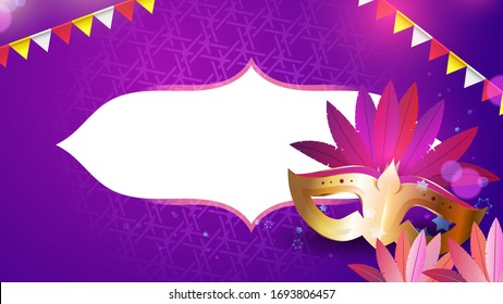 Carnival masks and confetti isolated on purple background