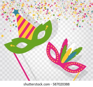 Carnival masks and confetti isolated on transparent background. Flat vector illustration elements.