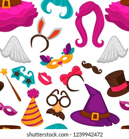 Carnival masks and costume accessories seamless pattern.