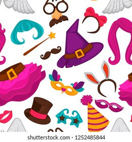 Carnival masks and costume accessories seamless pattern. Vector flat icons set of birthday party carnival mask, witch hat and wig, angel wings or funny nose or mustache glasses, bunny ears and magic h