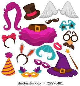 Carnival masks and costume accessory vector flat icons set