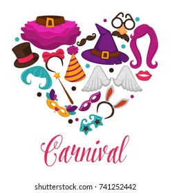 Carnival masks and costume accessory vector heart poster of flat icons set