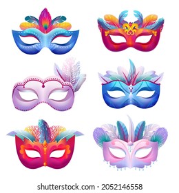 Mascarillas de carnaval. Máscara creativa, festival de máscaras de la venecia brasileña. Coloridos elementos de disfraces de desfile con plumas brillantes, show swanky vector set