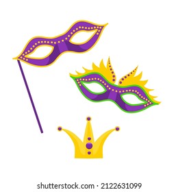 Carnival masks and crown. Holiday elements. Collection for Mardi Gras. Vector illustration.